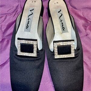Nina Black Satin Mules with Sparkling Buckle